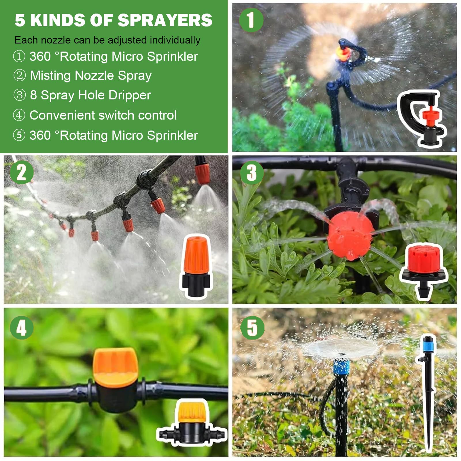 Tropfbewässerungssystem-Set für den Garten: 299CPS Automatisches Tropfbewässerungsset, Gewächshaus-Pflanzenbewässerungssystem mit 5 Arten von Sprühgeräten, 1/4 Zoll, 1/2 Zoll Bewässerungsschlauch für