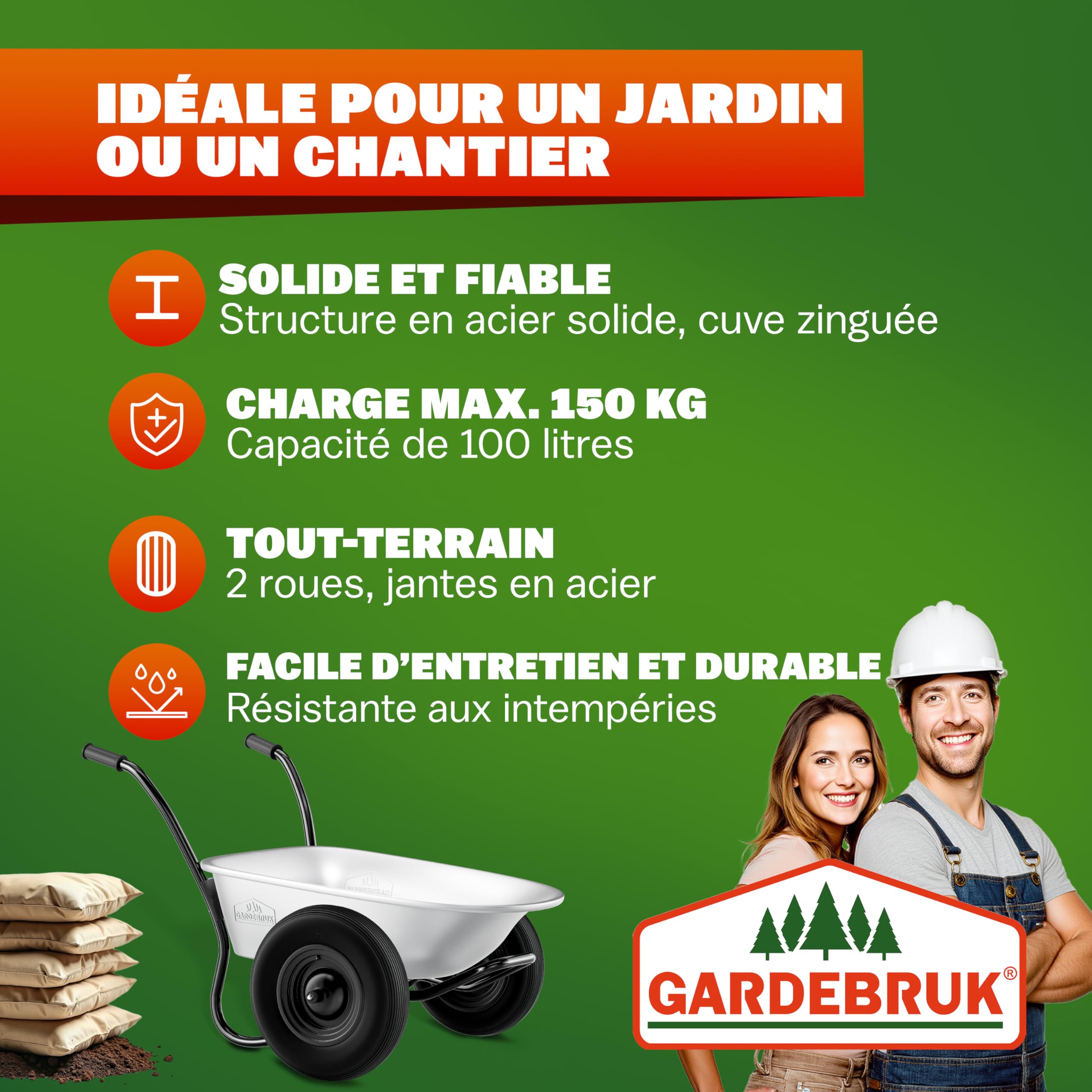 GARDEBRUK® Brouette 2 Roues 150 kg 100 L Jante Acier Roue Gonflable Jardin Jardinage Chantier Chariot de Transport