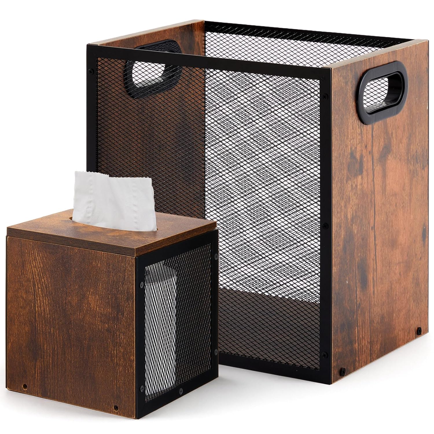 4.5 Gallon Retro Office Trash Can, Iron and Wood Combination Bedroom Garbage Can and Retro Tissue Box Set Rectangular Design Wastebasket with Handle, Industrial Style Trash Basket for Home Office