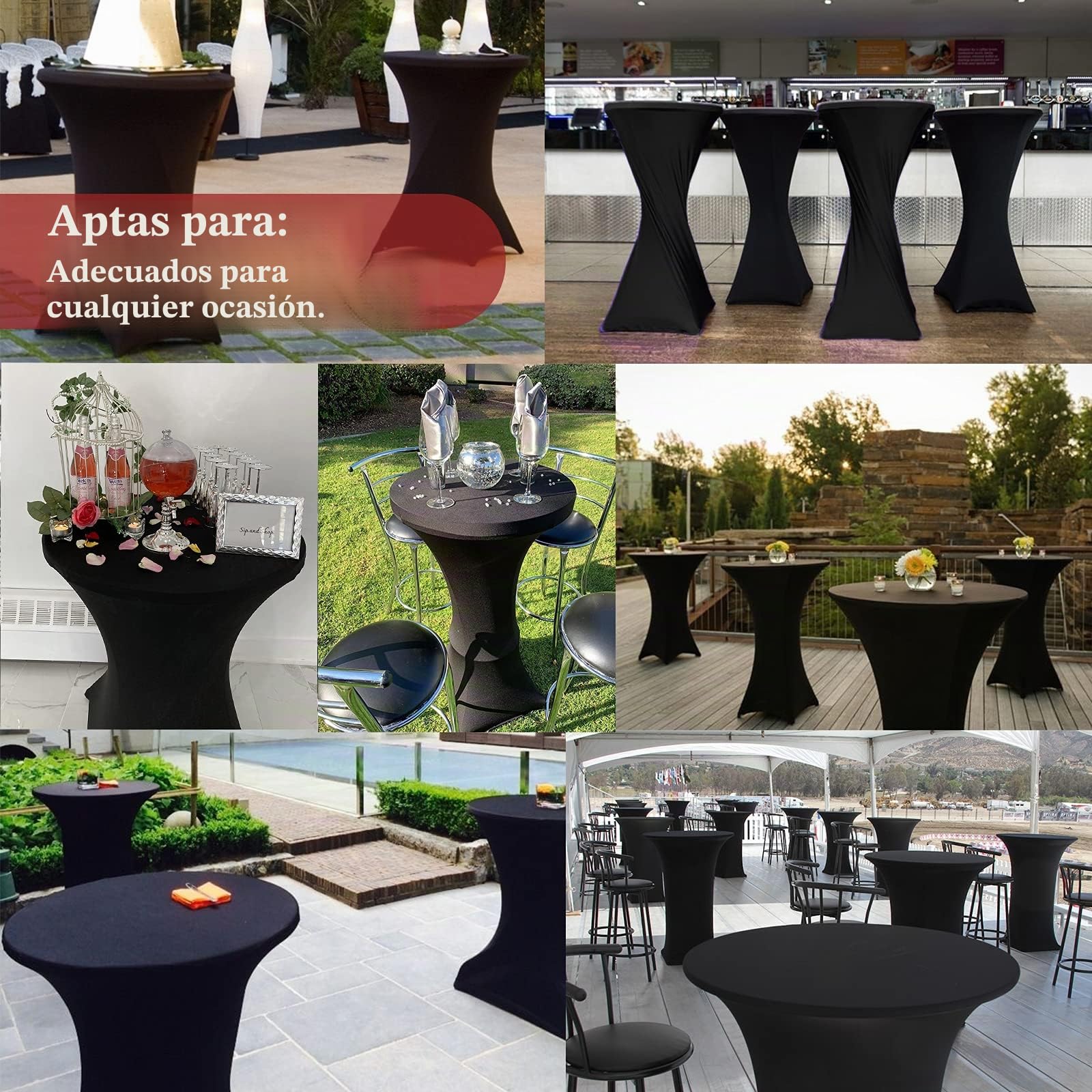 Pesonlook Paquete de 6 manteles Lycra Spandex 80-85 cm elásticos de Licra para cóctel con Esquinas cuadradas,para Mesa Alta, Mantel Redondo para cóctel, Mantel para Bar, Boda, Banquete, Mesa(Negro)