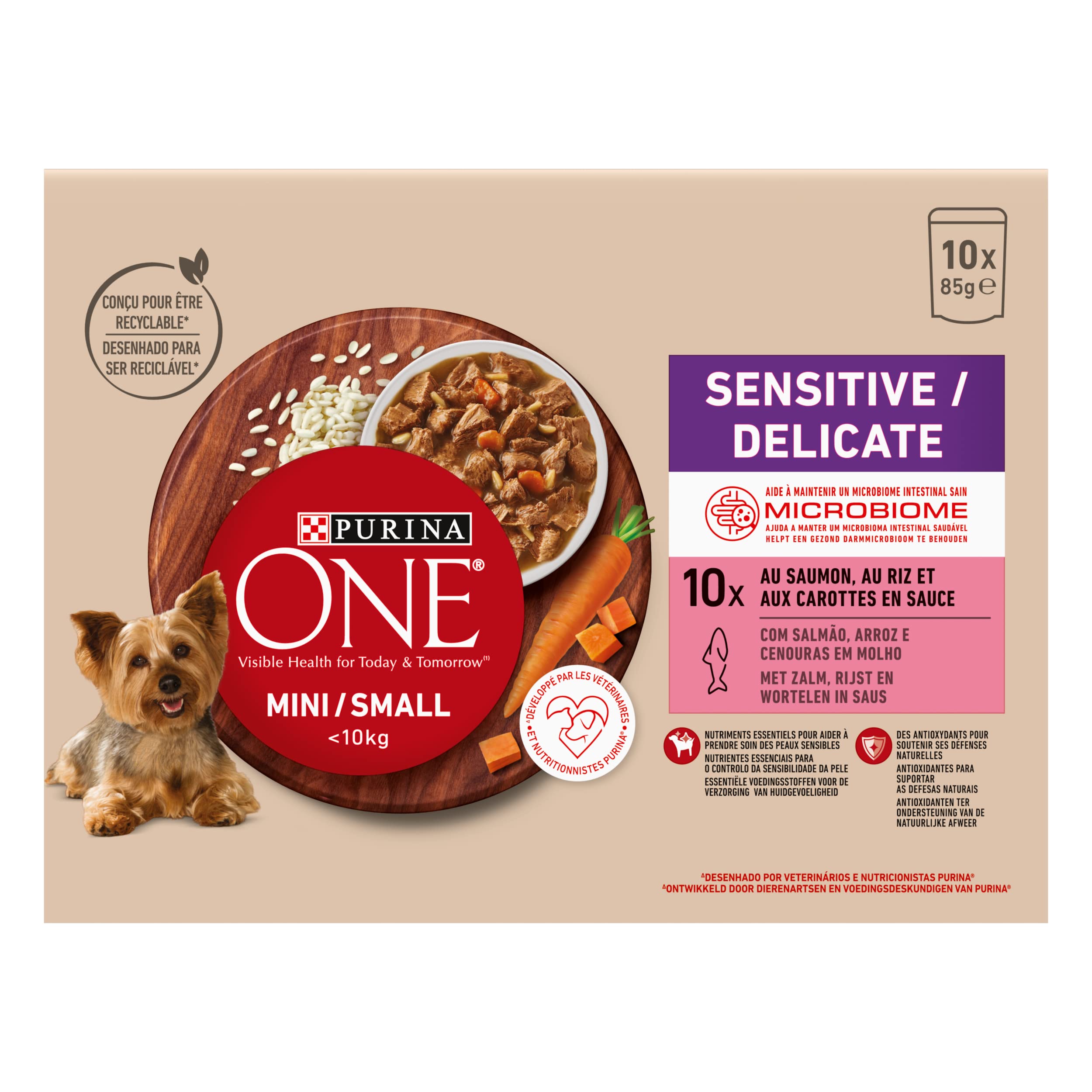PURINA ONE Mini/S <10kg sensitiva/delicata, sbucciati con salmone, riso e carote in salsa per cani adulti di piccola taglia | digestione sensibile bustine pasto 10 x 85 g | Confezione da 6
