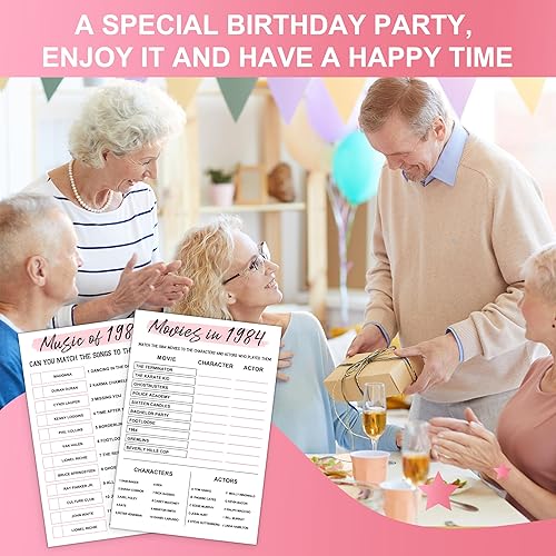 Miniatura 6 de Juegos de fiesta de cumpleaños número 40, juegos de fiesta de cumpleaños de 1984, juego de tarjetas de doble cara, incluye música de juegos de 1984,