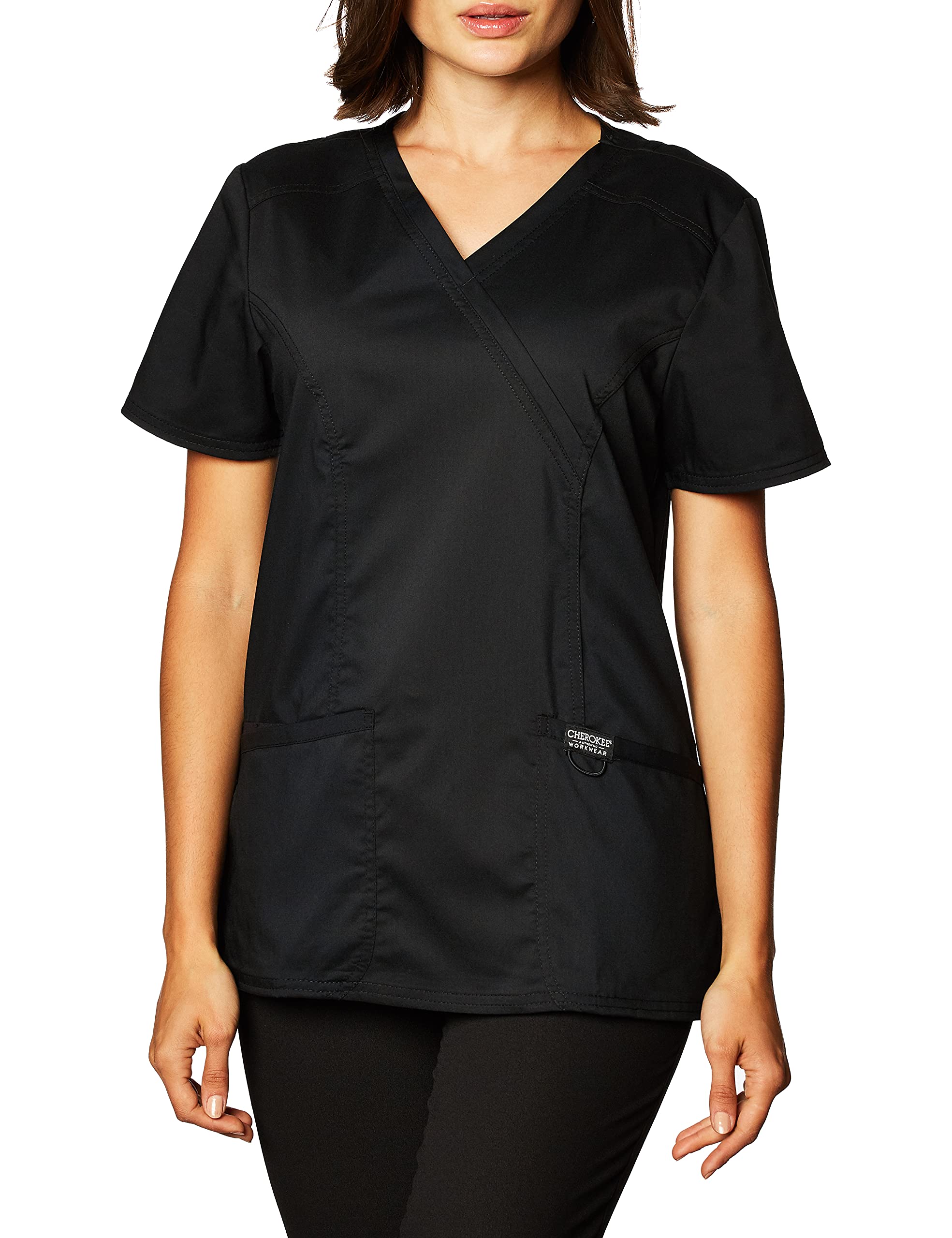 CherokeeScrubs for Women Mock Wrap Top with 3 Pocket, Back Princess Seams WW610