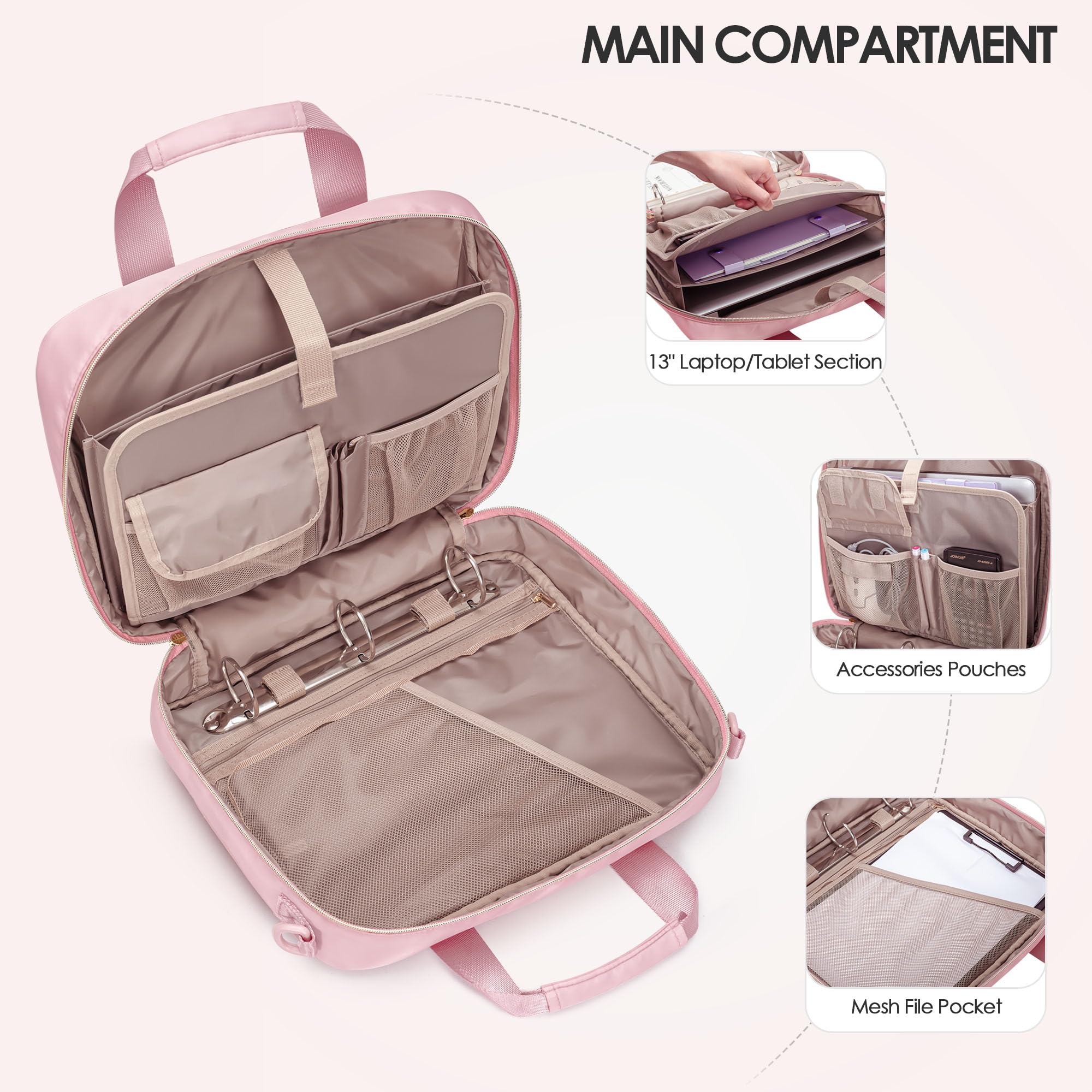 Raccoglitore ad Anelli con Cerniera a 3 Anelli, Borsa Organizer da 2 Pollici con Tracolla Adatta a Laptop da 13 Pollici e 500 Fogli, Rose (Solo Borsa Vuota)