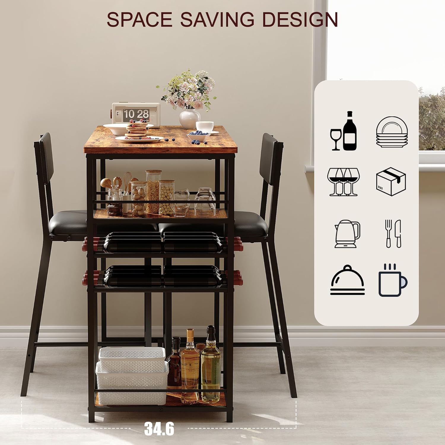 Dining Room Table 2 Upholstered Chairs Storage Shelves Metal Frame Small Kitchen - Picture 8 of 25