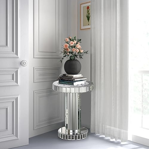 Miniatura 7 de ENENE Mesa auxiliar de espejo con diamantes triturados para sala de estar, mesa auxiliar para espacios pequeños para dormitorio, oficina, pasillo,