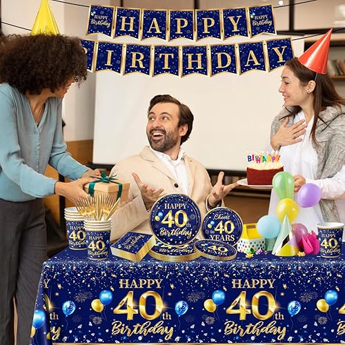 Miniatura 8 de Decoración de cumpleaños número 30 para hombre, juego de vajilla de cumpleaños azul marino y dorado (reserva para 20), incluye platos de feliz