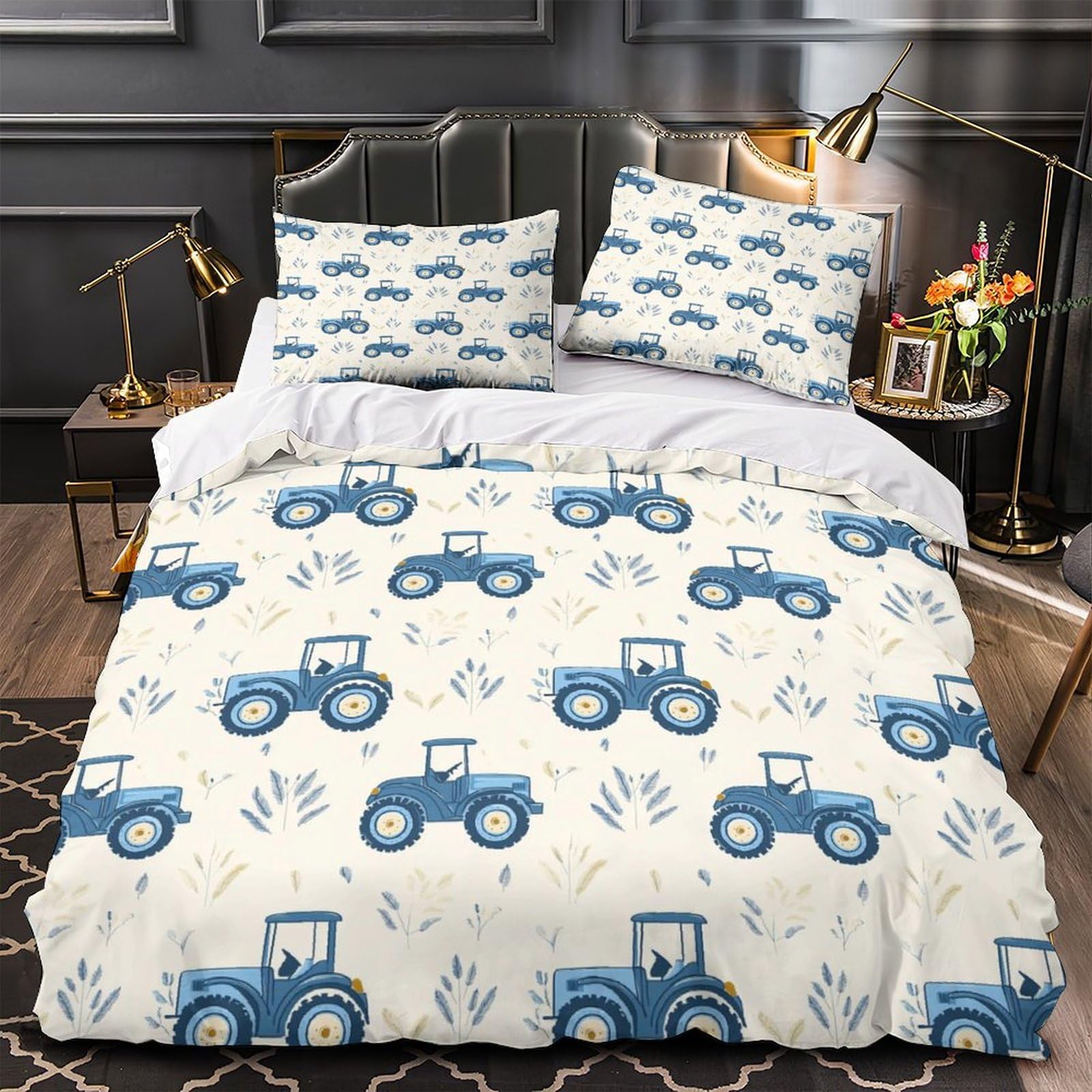Housse de couette tracteur bleu 140x200 anti-acarien avec zip facile