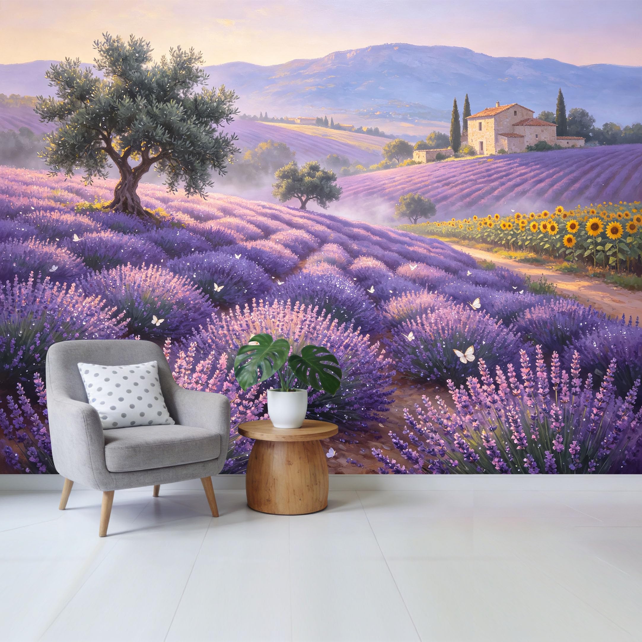 Custom Size Wall Mural Lavender Field Landscape with Olive Tree and Sunflowers Removable Self Adhesive Fabric Home Wall Decor for Living Room Bedroom Bathroom