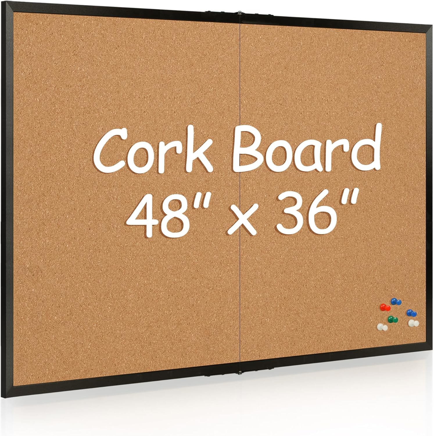 Board2by Cork Board Bulletin Board 36 x 48, Black Wood Framed 4x3 Corkboard, Foldable Office Board for Wall Decor, Large Wall Mounted Notice Pin Board with 36 Push Pins for School, Home & Office 48" x 36"