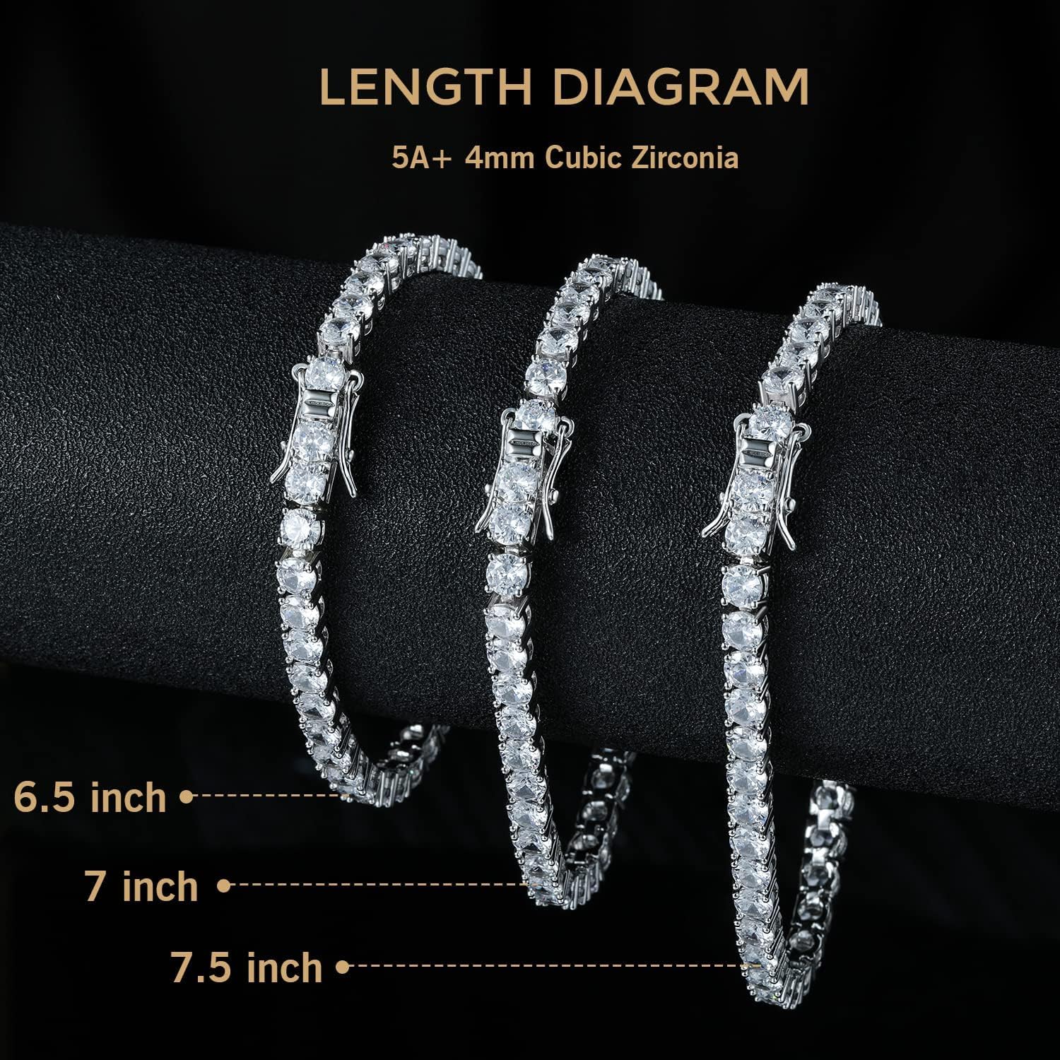 18k White Gold Plated CZ Tennis Bracelet, 4MM Cubic Zirconia Charm Bracelet for Women Men - Image 5