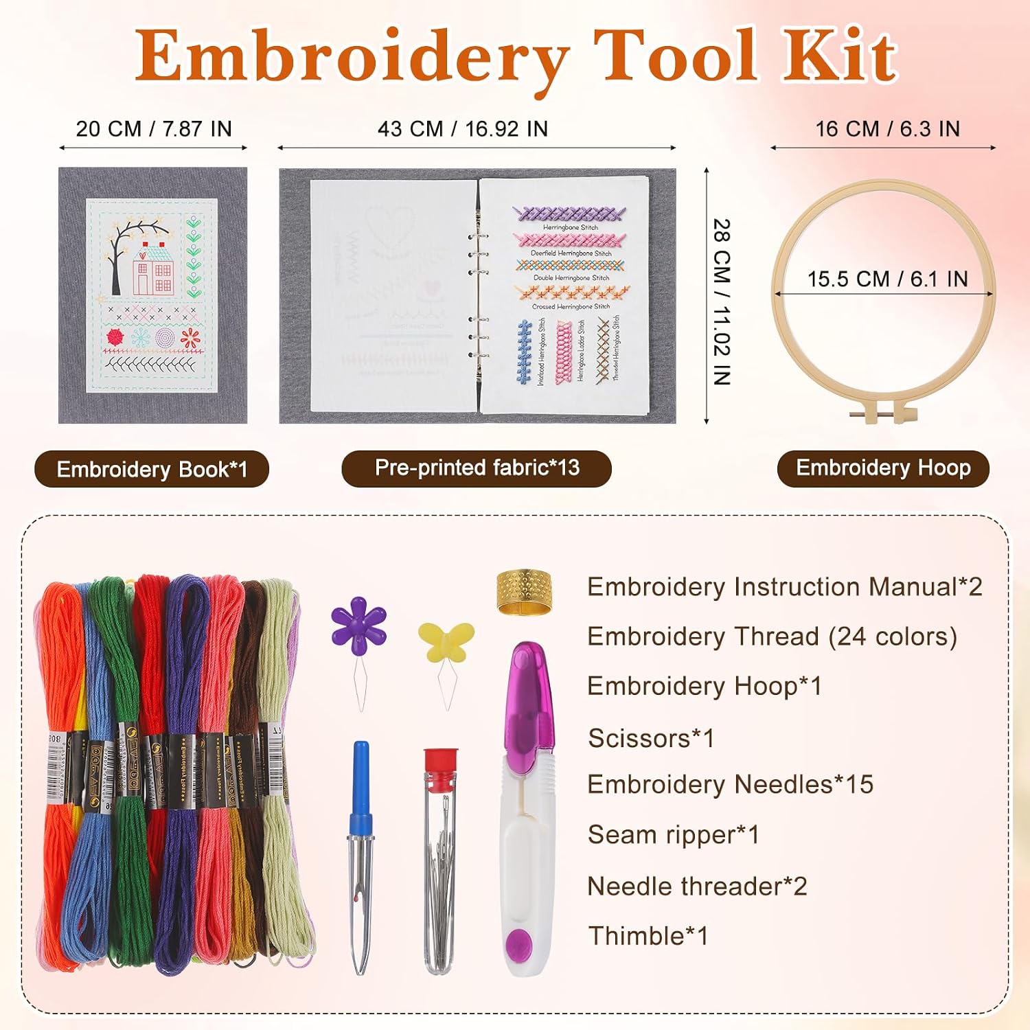 Tofficu 2026 Embroidery Book with 180 Stitch Patterns for Beginners | 6-Ring Binder Easy to Store, Large Clear Eye-Friendly Patterns, All-In-One Embroidery Kits for Adults DIY Craft Gift