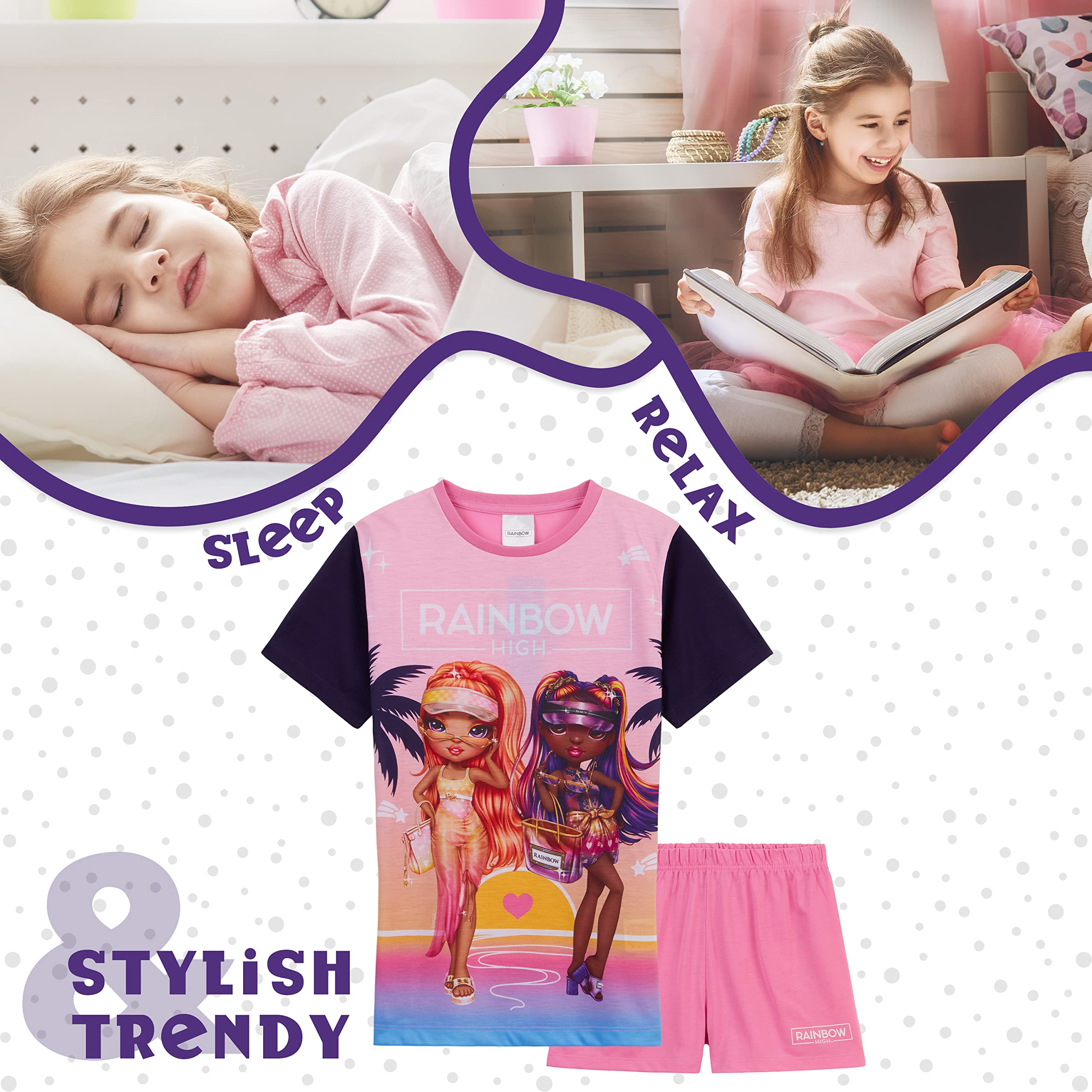 RAINBOW HIGH Pijama Niña Verano, Pijama Corto Niña, Conjunto Camiseta Manga Corta y Pantalón Corto, Ropa Niña de Moda Merchandising Oficial 5-12 Años (5-6 años, Rosa)