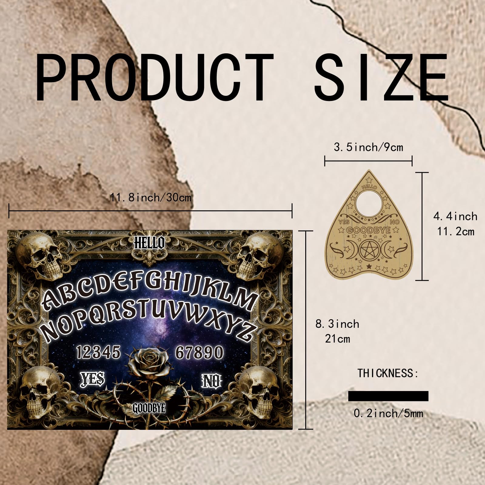PRESSINART Spirit Board Wood Divination Set Skull Pattern Talking Pendulum Dowsing Board with Heart Planchette 12 x 8 Inch Witchcraft Decor for Adults Party Fun Family Gathering Mystic Game Supplies - Image 2