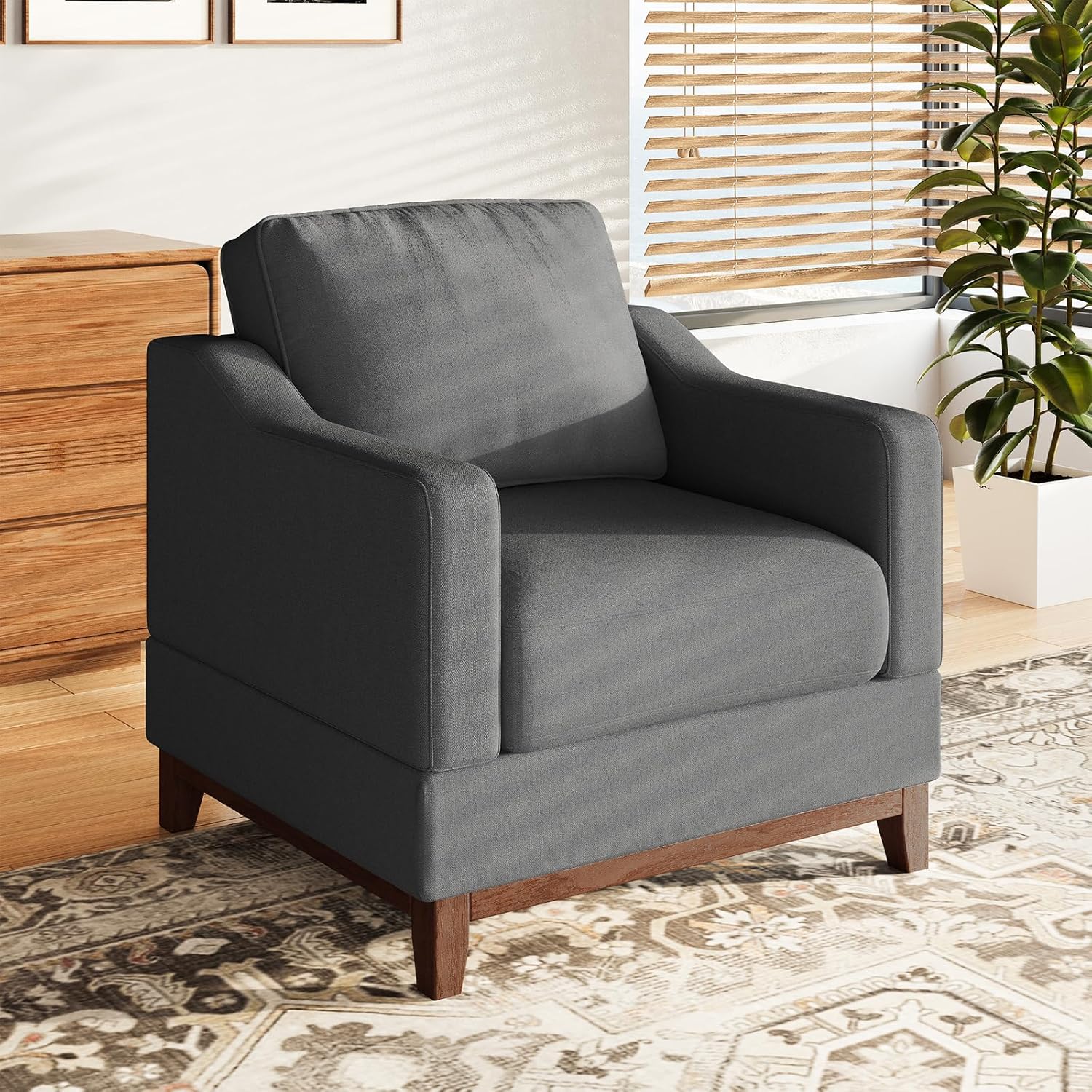 COLAMY Accent Single Sofa Chair with Arms,Comfy Upholstered Reading Accent Chairs for Bedroom,Single Sofa Chair with Wood Legs (Dark Grey)