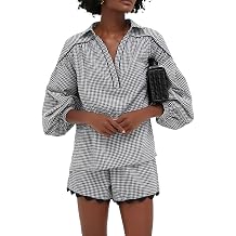 VAOYIU Two Piece Sets for Women Casual Summer Gingham Outfit Puff Sleeve Crew Neck Top Matching Shorts Set with Scalloped Hem