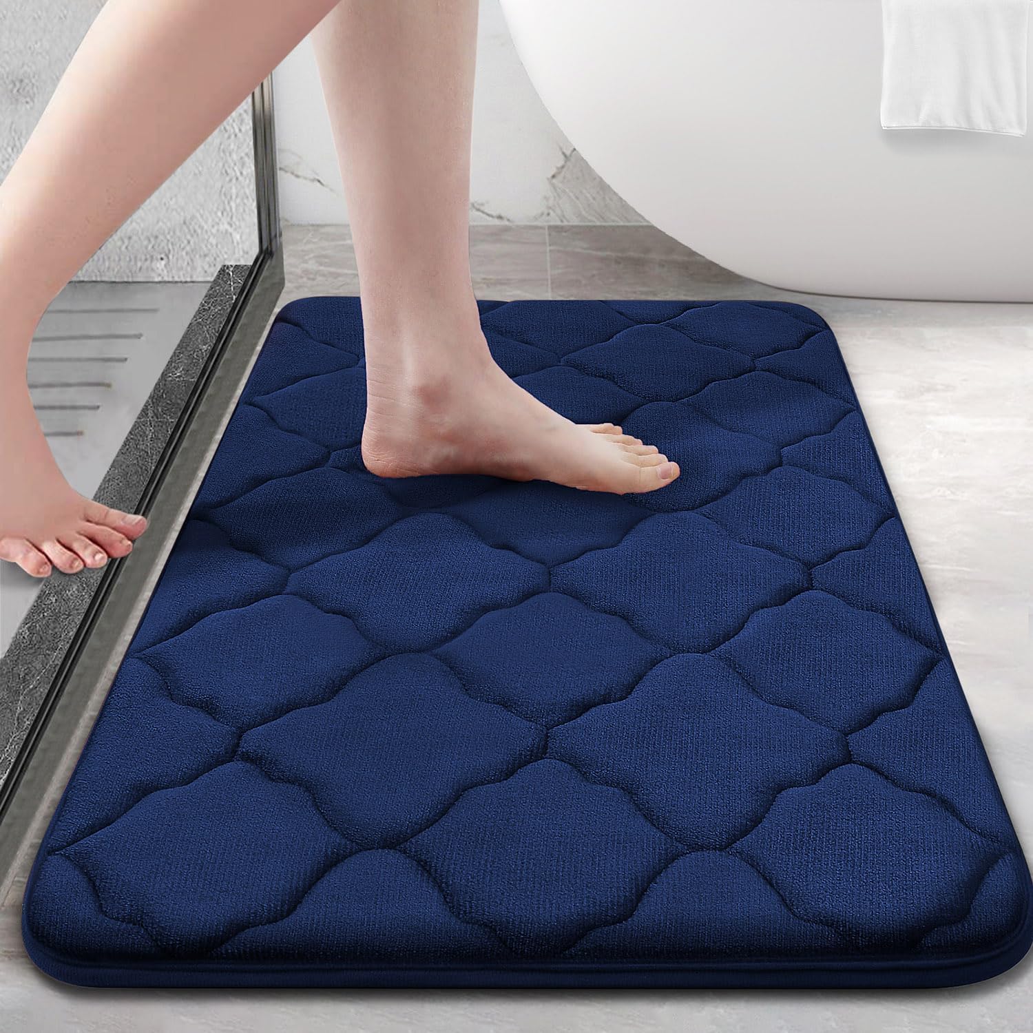 HomeCloud Memory Foam Bath Mat, Cobblestone Bathroom Rectangular Rugs Floor Mats Super Water Absorbent Bath Mats for Bathroom/Machine Washable Bath Rugs (Trap_Navy, 40x60cm)