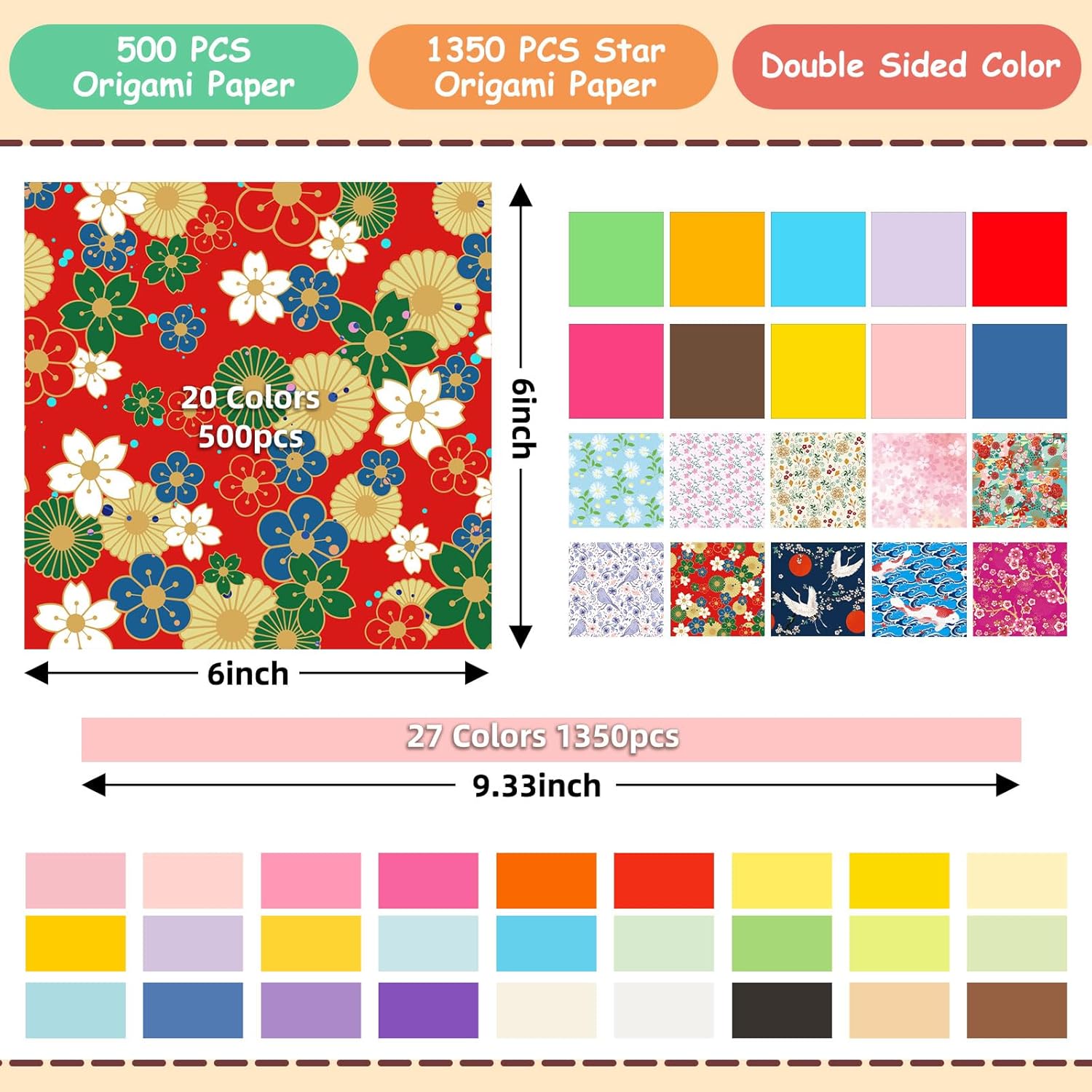 hapray 500 Sheets Japanese Origami Paper & 1350 Sheets Star Origami Paper, Double Sided Color Papers Scrapbook Decor, Colored Easy Folding Crafts for Kids Ages 5-8 8-12, DIY Arts Crafts for Beginners