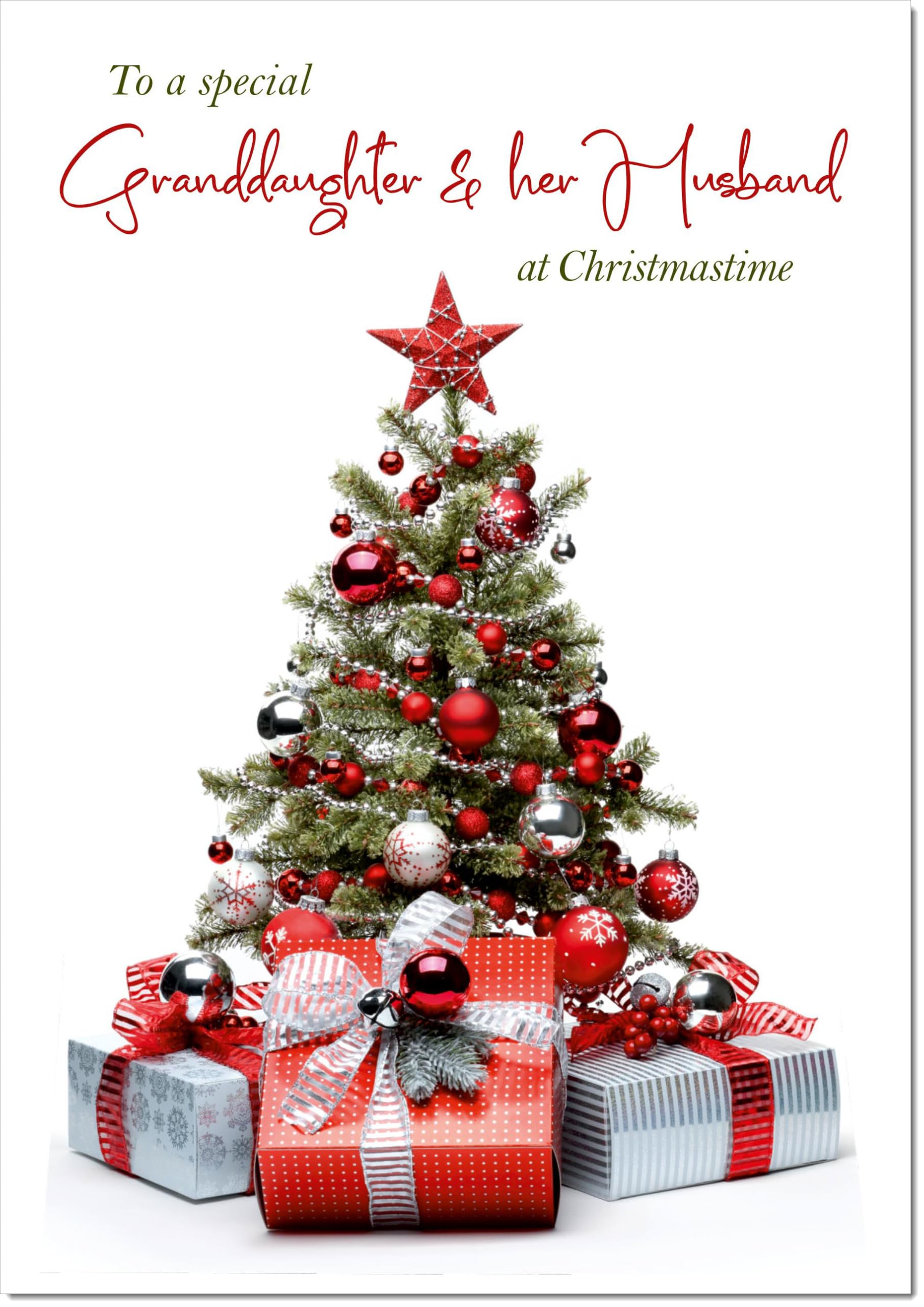doodlecards Granddaughter and Husband Christmas Card Christmas Tree and Parcels Large A4 Size Christmas Card for Granddaughter & Husband with Plain Envelope