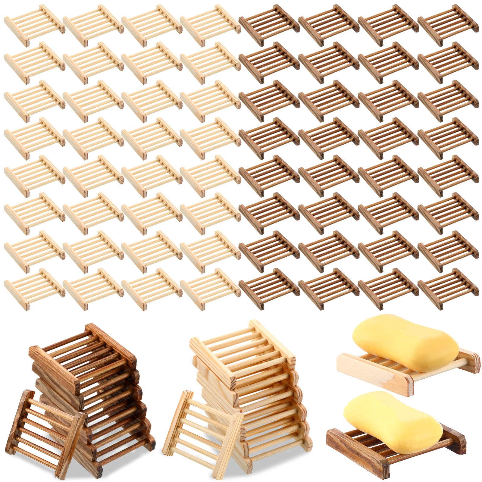 Amyhill 100 jaboneras de madera de bambú a granel para baño, jaboneras de madera para bar, platos autodrenantes, bandeja de manualidades a mano, 3.3 x 3.3 x 0.67 pulgadas (color madera, color carbón)