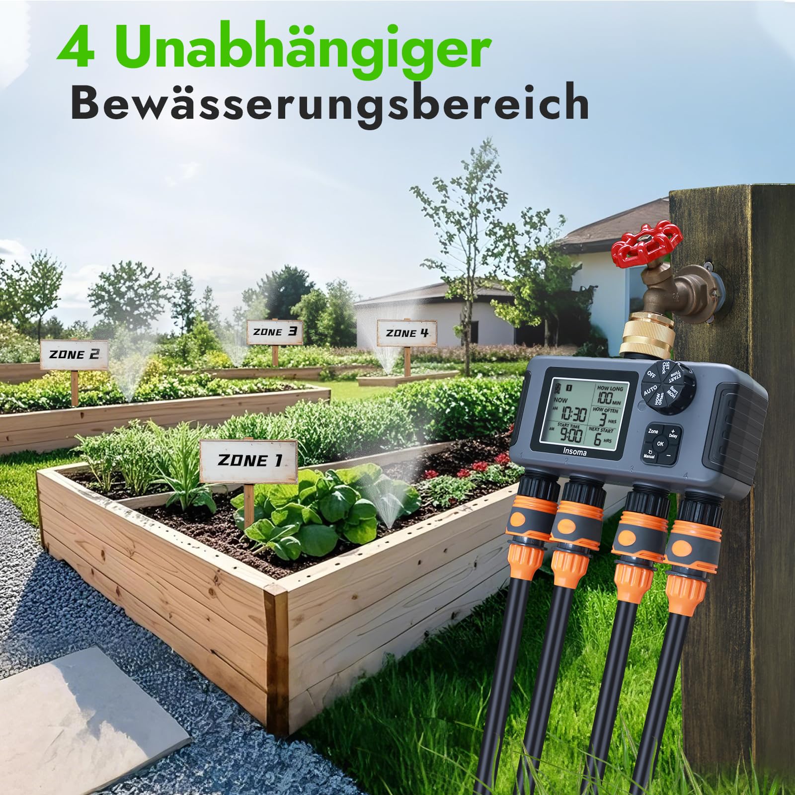 Insoma-Bewässerungssteuerung mit Messinganschluss, 4 unabhängige Zonen, Schlauchsteuerung mit Auto-/Manuell-/Regenverzögerungsmodus, Sprinkler-Bewässerungssteuerung für den Garten