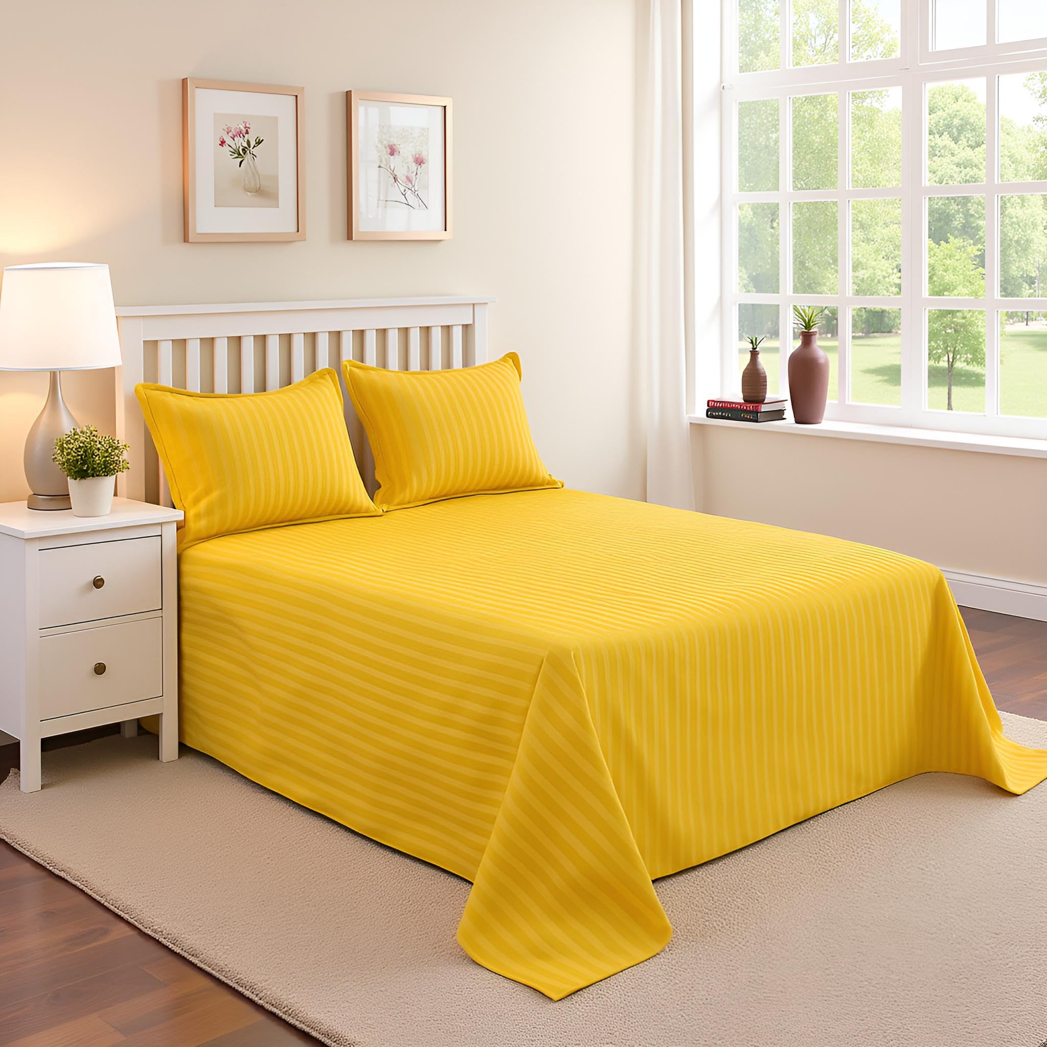 Cool Dealzz TC 300TC Pure Cotton Plain Stripe Queen Size Double Bedsheet for Double Bed with Two Pillow Covers (King, Yellow) (95x95 Inches)-image-23