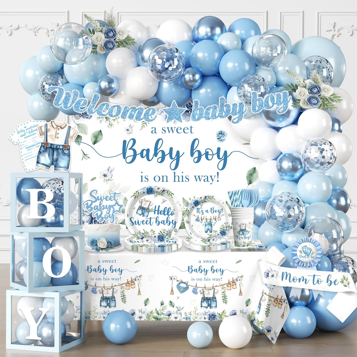 cocomigo 260PCS Baby Boy Baby Shower Decorations All-in-One Set with Baby Boy Balloon Arch, Tableware, Advice Cards, Cake Topper, Balloon Box, Backdrop, Sash, Corsage, Etc. Serves 20