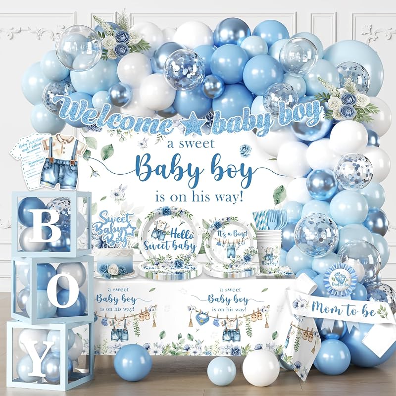 cocomigo Blue Boy Baby Shower Decorations, All-in-One Set for 20 Guests | Easy setup, Includes tableware, backdrop, banner, balloons, advice cards, and more for a baby boy shower