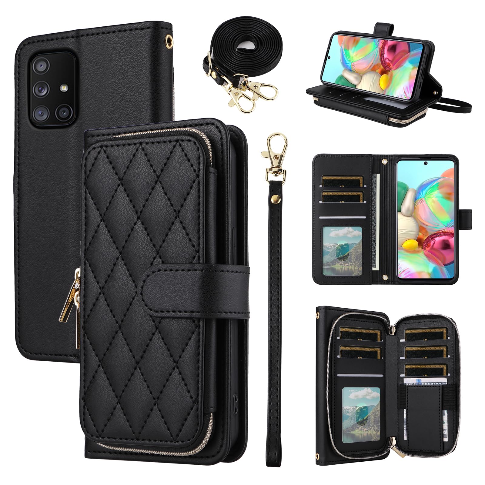 Furiet Argyle Wallet Case for Samsung Galaxy A51 5G/A 51 5G UW Verizon with Wrist Strap Shoulder Strap, Card Slots Zipper Purse Stand Checkered Cell