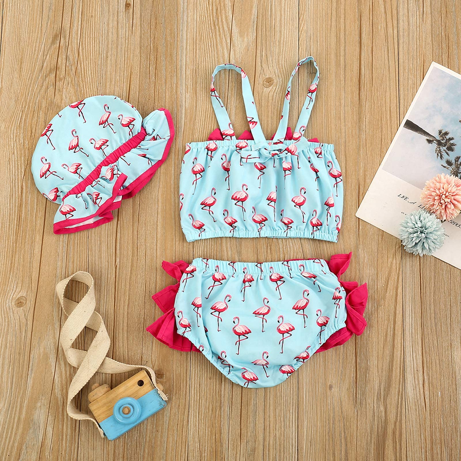 Carolilly 3 Pezzi Costume da Bagno Neonata Bikini Set Bambina Estivo Stampa Fenicottero Costumi Mare Bimba Beachwear con Fiocco Carino per Vacanza