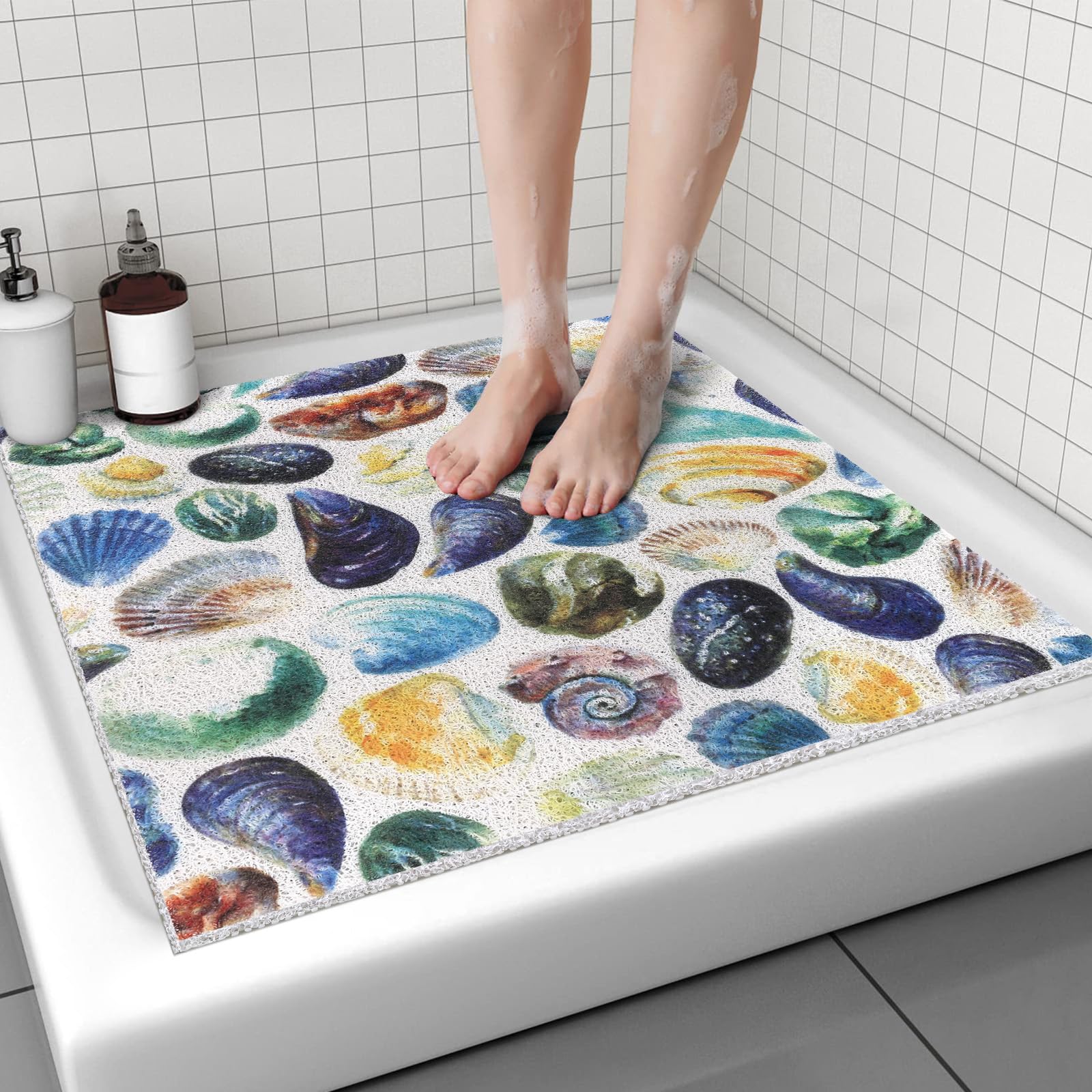 Lurowo Square Shower Mat, 60x60cm Shower Mat Non Slip With Drain, Loofah Shower Mat For Inside Bathroom, Anti Mould, Quick Dry,Washable (B, Square)
