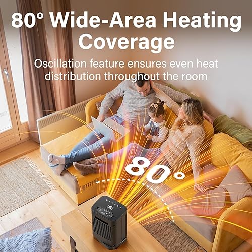 Miniatura 3 de JRD Calentador de espacio PTC de 10 pulgadas con oscilación de 80°, termostato, temporizador de 12 horas, calor rápido, modo ecológico, control