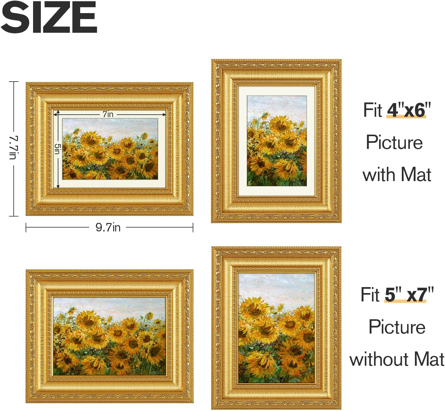 5x7 Gold Picture Frames Set of 2, Ornate Vintage 5 x 7 Photo Frames for Wall Decor or Tabletop Display,5 x 7 Gold Frame with Real Glass, Display 4x6 Pictures with Mat or 5x7 without Mat for Antique Déco - Image 4