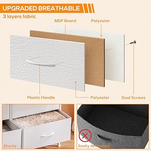 Vista 5 de DUMOS Cómoda para dormitorio, 4 cajones de almacenamiento, organizador de cofres altos de tela con marco de metal superior de madera para ropa