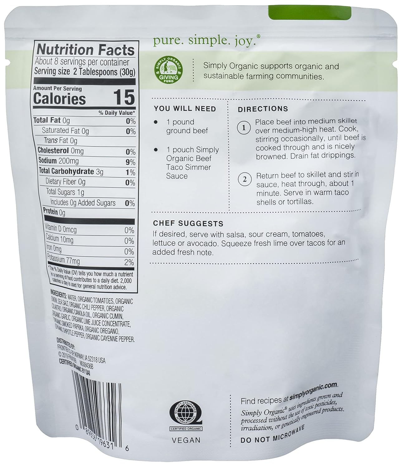 Simply Organic Southwest Taco Simmer Sauce, 8 Ounce Pouch, Bold Flavor, For Beef, Pork or Chicken Tacos (Pack of 6)