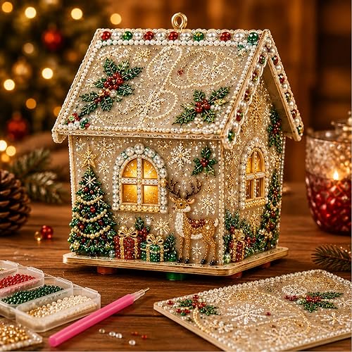 biqikav 3D Christmas House Diamond Painting Kits for Adults, Light