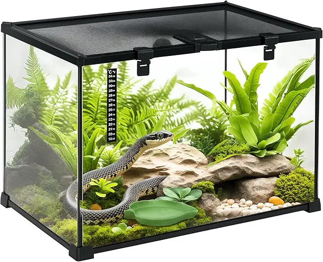 PawHut Terrarium for Reptiles - 50x30x35cm Glass Enclosure with Thermometer