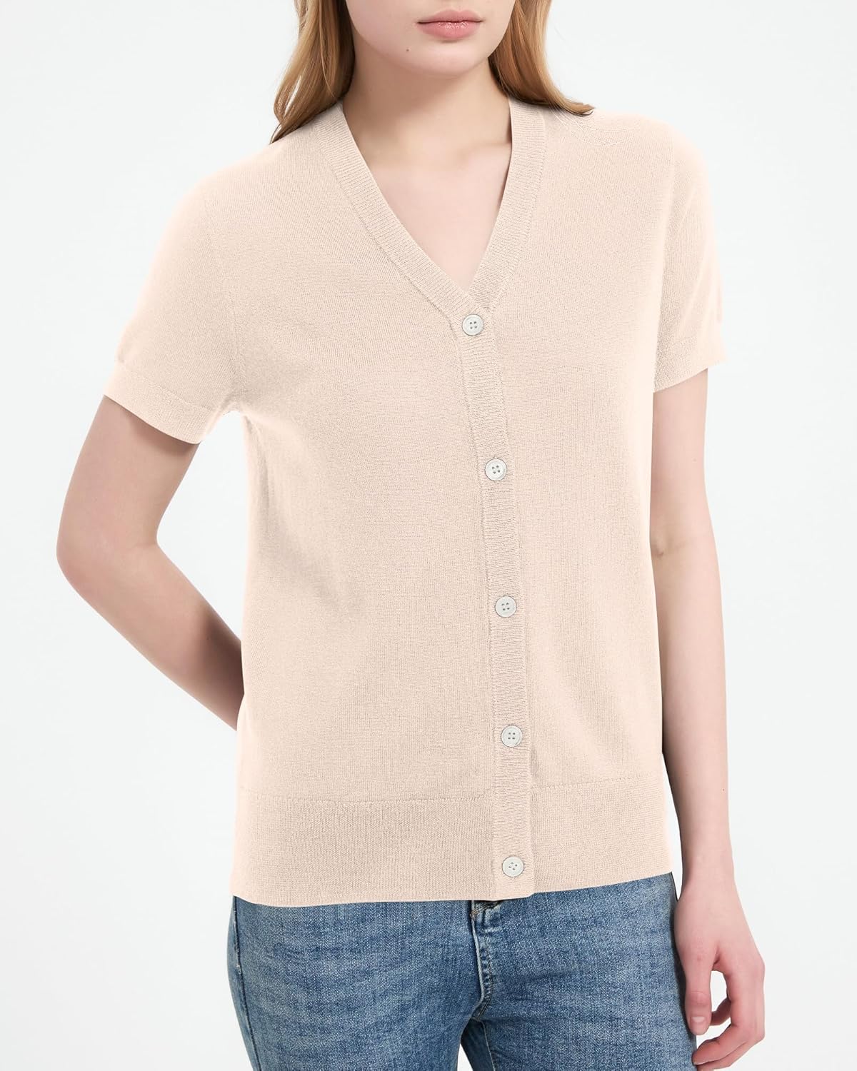 Womens 100% Merino Wool Short Sleeve Cardigan Sweaters V-Neck Button Down Sweater T-Shirt Casual Business Summer Tops - Image 4
