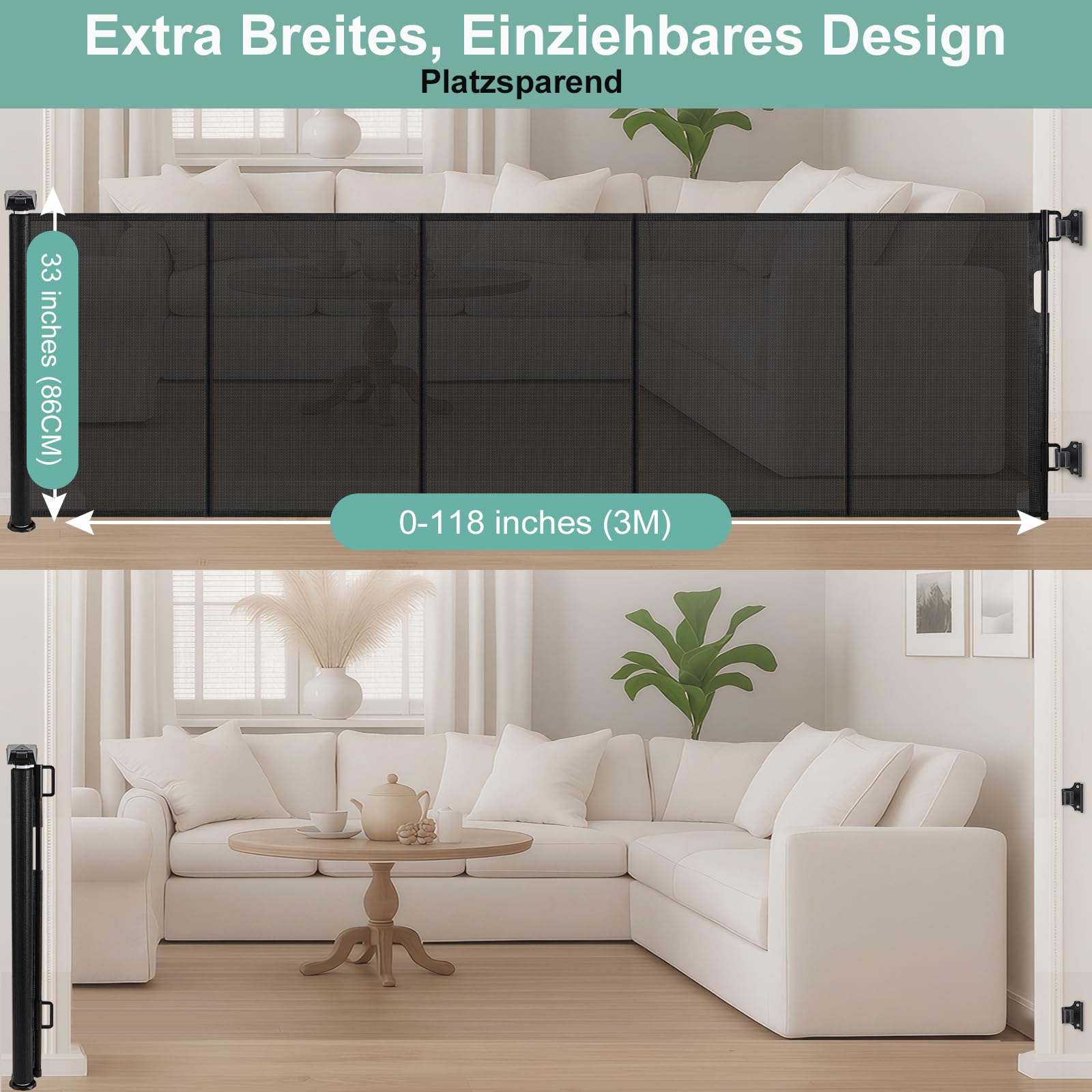 Treppenschutzgitter Ausziehbar für Babys, ausziehbar bis zu 300 cm breites Netz, Treppenschutzgitter Ausziehbar, einziehbare Haustiergitter für Treppen, Türen, Flure, drinnen und draußen
