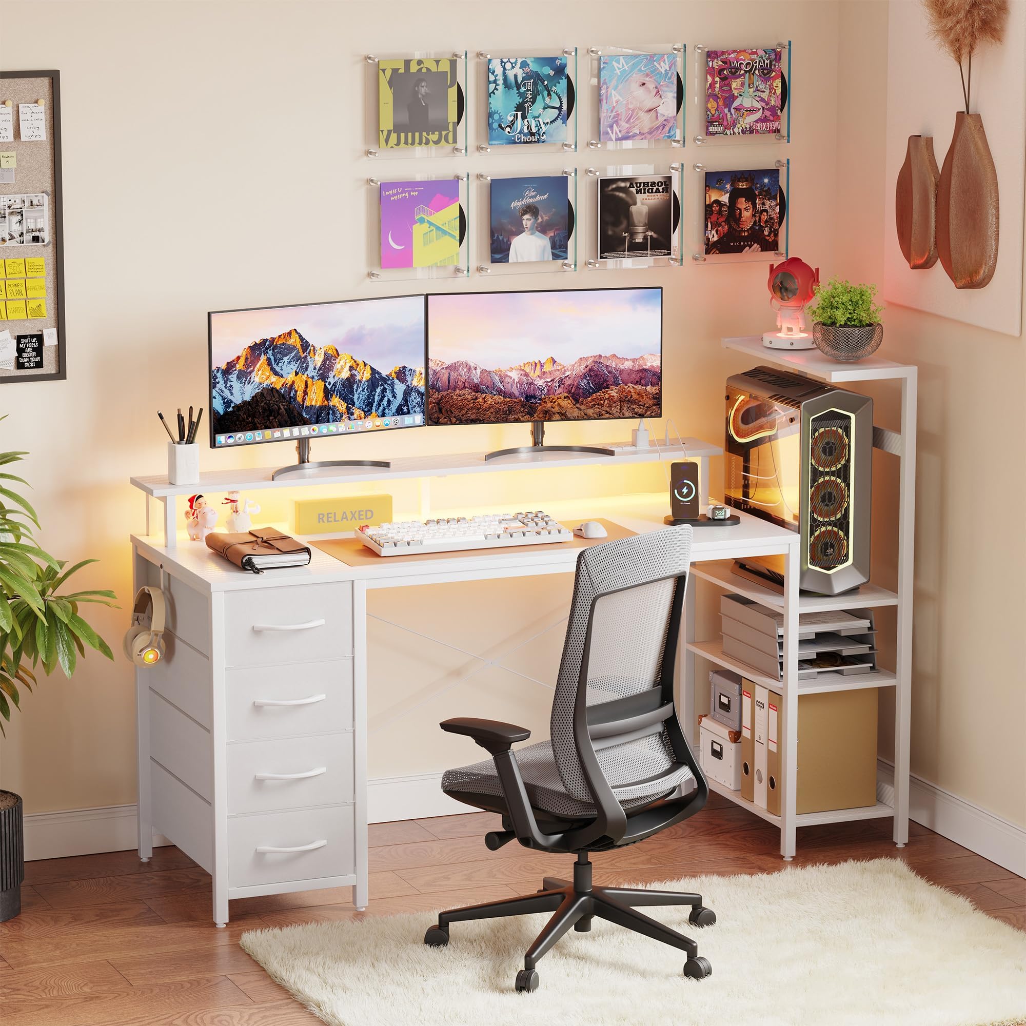 YOUDENOVA Scrivania da gioco con 4 cassetti in tessuto, 150 x 48 cm, reversibile, con LED e presa, scrivania da ufficio con supporto per monitor, porta USB, tavolo per PC per casa, ufficio e giocatori
