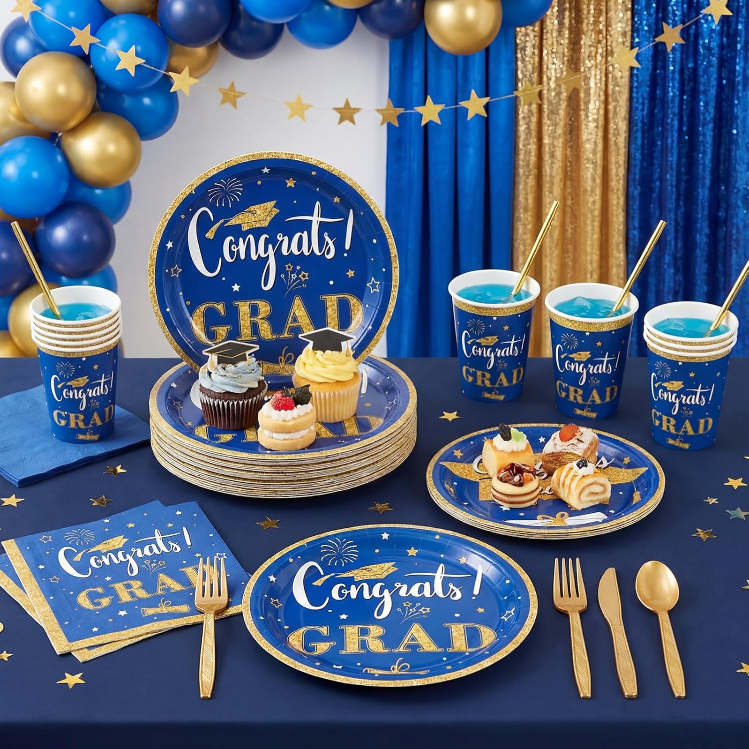 Domensi 400 Pcs 2026 Graduation Plates and Napkins Set Serve 50, Blue and Gold Graduation Party Supplies, Class of 2026 Paper Plates and Napkins 9oz Cup Knife Fork Spoon Congrats Grad Decorations