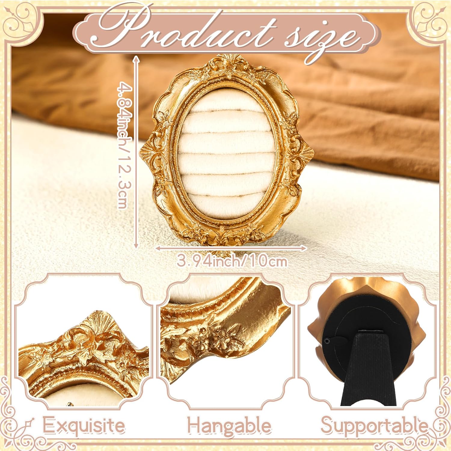 Liliaafar Vintage Ring Holder Oval Gold Ring Wedding Display Suede Jewelry Box Stand Frame Earring Tray Anniversary Engagement Baroque Organizer Photograph Prop for Women Birthday Christmas Gift