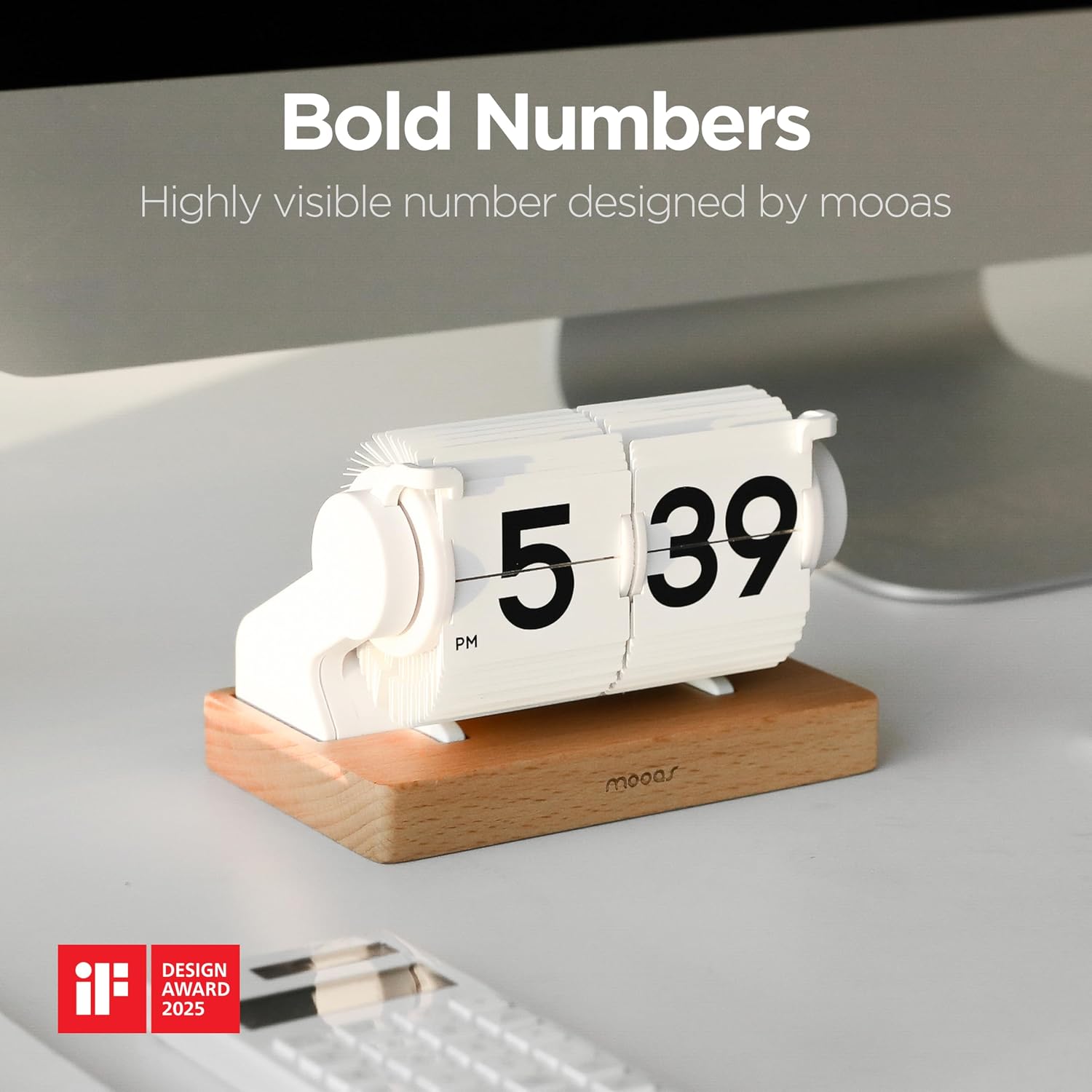 mooas Automatic Mini Flip Clock, Retro Vintage Automatic Flip Desk Clock, Timer Calendar Alarm, Snooze, Desk Clock Large Number USB-C Rechargeable, Ideal for Home Office School Hotel Café (White)