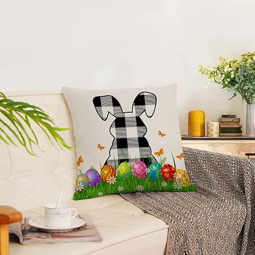 Miniatura 5 de Juego de 4 fundas de almohada de Pascua de 16 x 16 pulgadas fundas de almohada decorativas de primavera y Pascua diseño de conejo búsqueda de huevos
