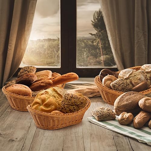 Miniatura 7 de Yarlung Paquete de 3 cestas pequeñas tejidas para pan, cestas ovaladas de frutas apilables de plástico para servir verduras, cocina, restaurante, al