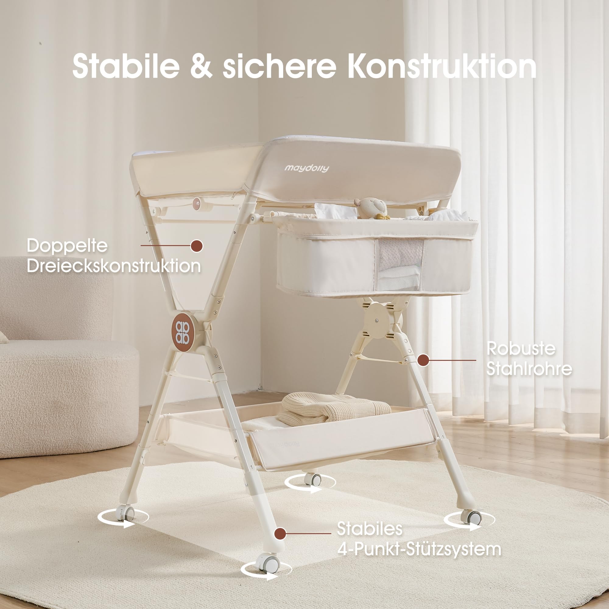 Maydolly cambiador plegable y ajustable en altura para bebé, mesa portátil con ruedas, colchón impermeable y fácil de limpiar, mueble infantil compacto con estantes – beige