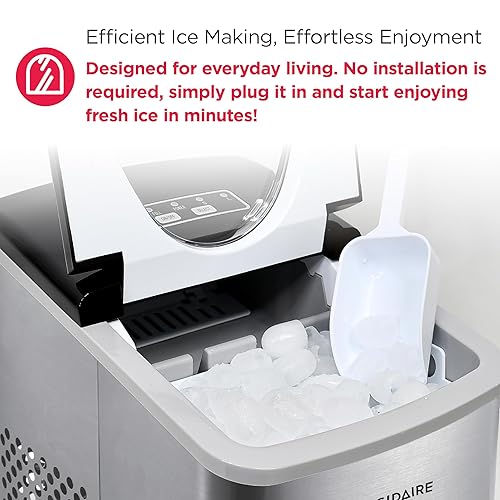 Vista 6 de Frigidaire Máquina de hielo para encimera, produce 26 libras de hielo por día, acero inoxidable con tapa transparente blanca.