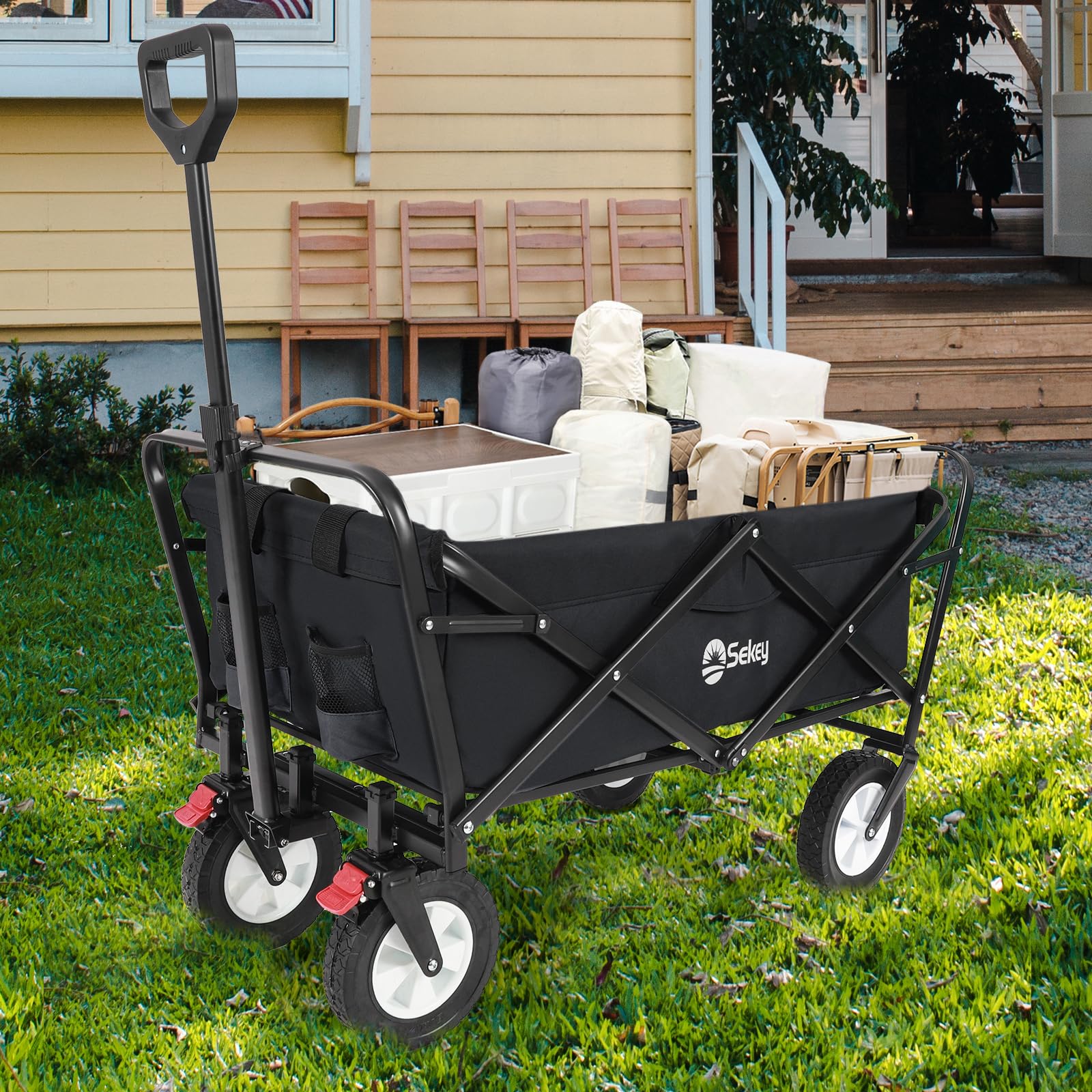 Sekey Chariot de transport pliable en caoutchouc 200 kg pour charge lourde, adapté au terrain, chariot à main pliable, pour la plage, le camping, les enfants, ultra silencieux, caoutchouc plein 100 l,