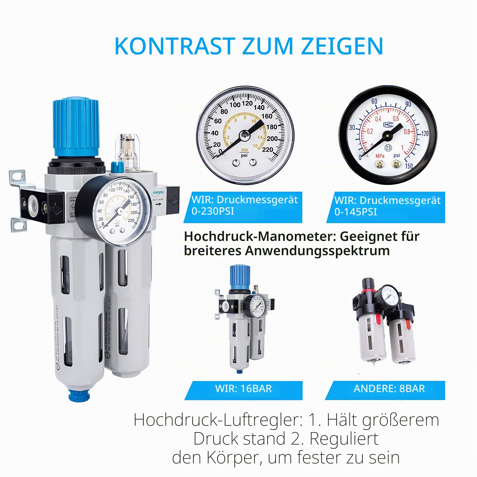 NANPU 3/8" BSP Hoher Druck Druckluft Filterregler Schmierstoffgeber, Zinklegierung - Manometer (0-16 bar), Poly-Schale, Halbautomatisches Ablassen, Halterung