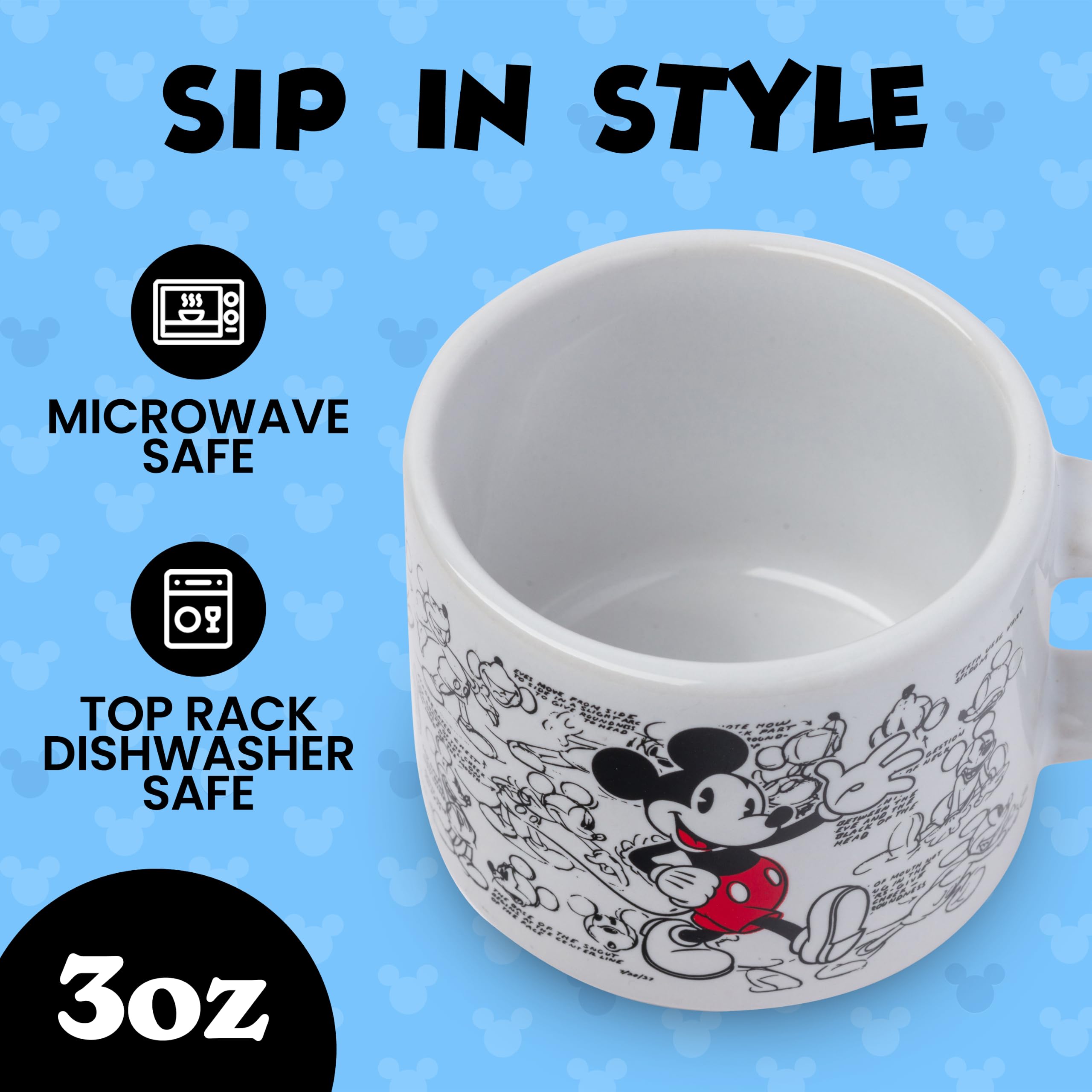 Silver Buffalo Disney Mickey Mouse Vintage Sketches Art 4-teiliges stapelbares Keramik-Espresso-Tassen-Set, 85 ml